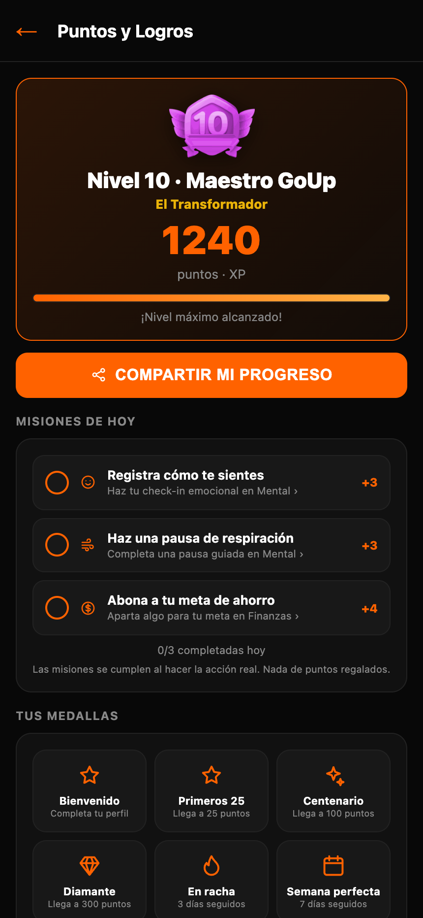 Pantalla de puntos y medallas